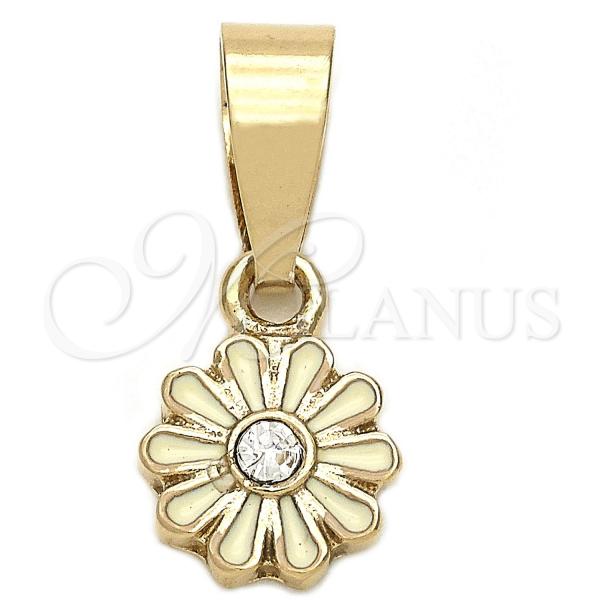 Oro Laminado Fancy Pendant, Gold Filled Style Flower Design, with White Crystal, White Enamel Finish, Golden Finish, 05.163.0074