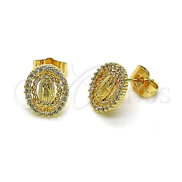 Oro Laminado Stud Earring, Gold Filled Style Guadalupe Design, with White Cubic Zirconia, Polished, Golden Finish, 02.60.0172