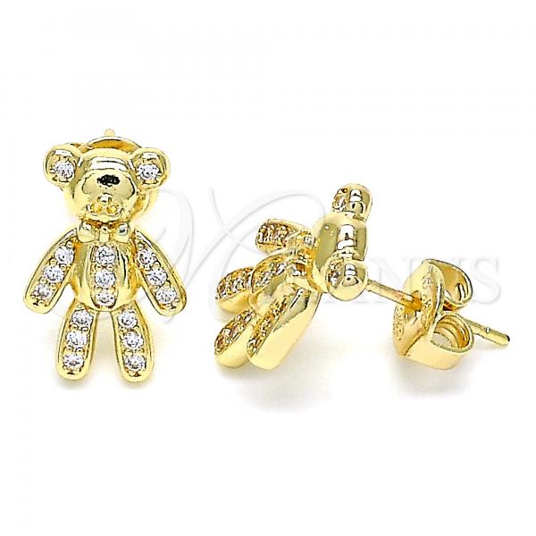 Oro Laminado Stud Earring, Gold Filled Style Teddy Bear Design, with White Micro Pave, Polished, Golden Finish, 02.156.0430