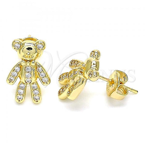 Oro Laminado Stud Earring, Gold Filled Style Teddy Bear Design, with White Micro Pave, Polished, Golden Finish, 02.156.0430
