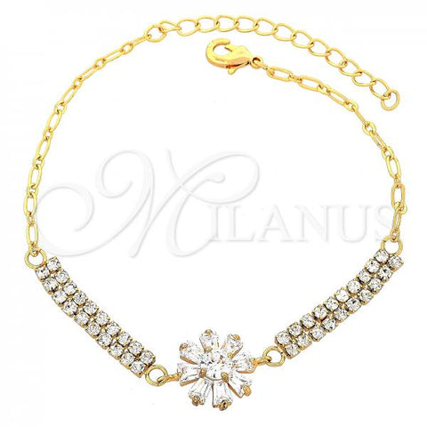 Oro Laminado Fancy Bracelet, Gold Filled Style Flower Design, with White Cubic Zirconia, Polished, Golden Finish, 03.60.0069