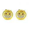 Oro Laminado Stud Earring, Gold Filled Style Owl Design, with White Micro Pave and Ruby Cubic Zirconia, Polished, Golden Finish, 02.344.0132