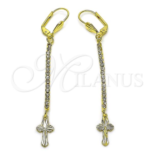 Oro Laminado Long Earring, Gold Filled Style Cross Design, with White Cubic Zirconia, Golden Finish, 5.084.015