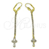 Oro Laminado Long Earring, Gold Filled Style Cross Design, with White Cubic Zirconia, Golden Finish, 5.084.015