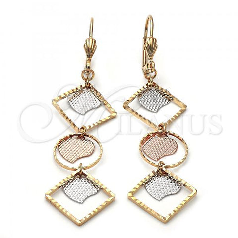 Oro Laminado Long Earring, Gold Filled Style Heart Design, Brushed Finish, Tricolor, 5.105.004.1