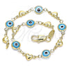 Oro Laminado Fancy Bracelet, Gold Filled Style Evil Eye and Heart Design, Turquoise Resin Finish, Golden Finish, 03.326.0008.3.08