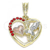 Oro Laminado Religious Pendant, Gold Filled Style Angel and Heart Design, with Garnet Crystal, Polished, Tricolor, 05.380.0066