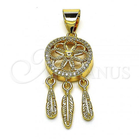 Oro Laminado Fancy Pendant, Gold Filled Style Flower and Leaf Design, with White Micro Pave, Polished, Golden Finish, 05.342.0132