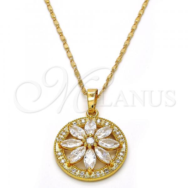 Oro Laminado Pendant Necklace, Gold Filled Style Flower Design, with White Cubic Zirconia, Polished, Golden Finish, 04.236.0001.18