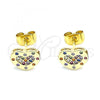 Oro Laminado Stud Earring, Gold Filled Style Heart Design, with Multicolor Micro Pave, Polished, Golden Finish, 02.344.0118.1