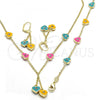 Oro Laminado Earring and Pendant Children Set, Gold Filled Style Heart Design, with White Crystal, Multicolor Enamel Finish, Golden Finish, 06.60.0003.4
