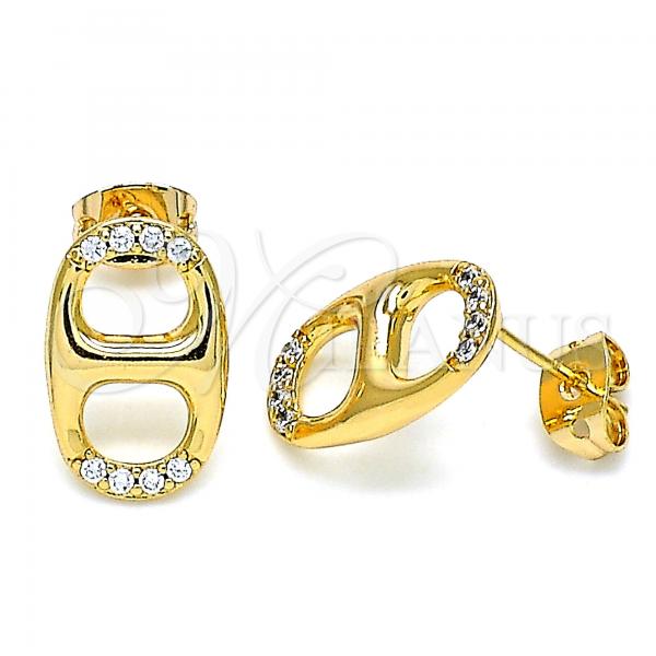 Oro Laminado Stud Earring, Gold Filled Style Puff Mariner Design, with White Micro Pave, Polished, Golden Finish, 02.213.0304