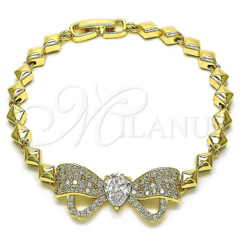 Oro Laminado Fancy Bracelet, Gold Filled Style Bow Design, with White Cubic Zirconia and White Micro Pave, Polished, Golden Finish, 03.283.0383.07