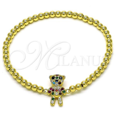 Oro Laminado Fancy Bracelet, Gold Filled Style Expandable Bead and Teddy Bear Design, with Multicolor Micro Pave, Polished, Golden Finish, 03.299.0110.1.07