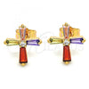 Oro Laminado Stud Earring, Gold Filled Style Cross Design, with Multicolor Cubic Zirconia, Polished, Golden Finish, 02.345.0011