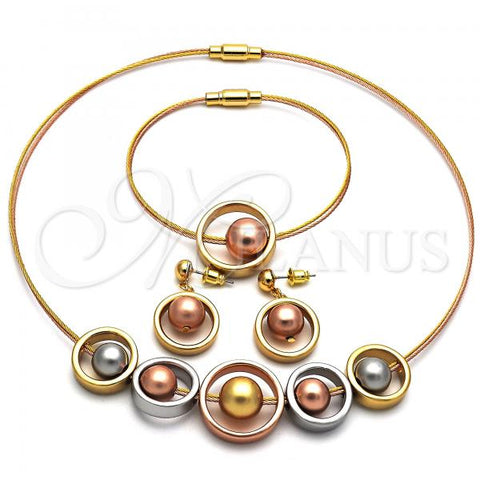Oro Laminado Necklace, Bracelet and Earring, Gold Filled Style Ball Design, Polished, Tricolor, 06.333.0010