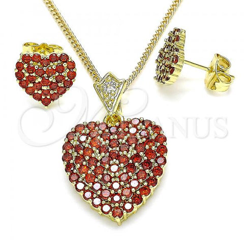 Oro Laminado Earring and Pendant Adult Set, Gold Filled Style Heart Design, with Garnet Cubic Zirconia, Polished, Golden Finish, 10.283.0018.1