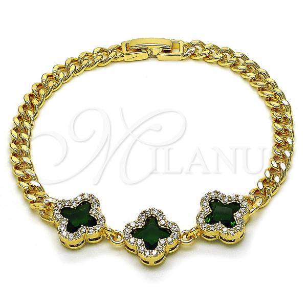 Oro Laminado Fancy Bracelet, Gold Filled Style Four-leaf Clover and Miami Cuban Design, with Green and White Cubic Zirconia, Polished, Golden Finish, 03.283.0433.07