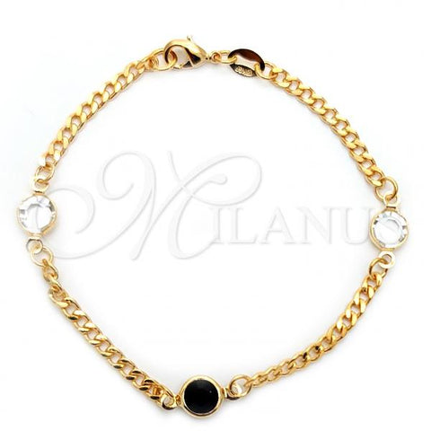 Oro Laminado Fancy Bracelet, Gold Filled Style Miami Cuban Design, with Black Azavache and White Crystal, Polished, Golden Finish, 03.32.0172.07