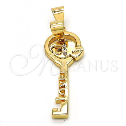 Oro Laminado Fancy Pendant, Gold Filled Style Heart and key Design, with White Cubic Zirconia, Polished, Golden Finish, 05.179.0052