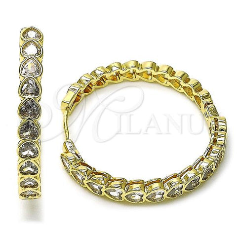 Oro Laminado Huggie Hoop, Gold Filled Style Heart Design, with White Cubic Zirconia, Polished, Golden Finish, 02.204.0030.35