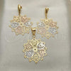 Oro Laminado Earring and Pendant Adult Set, Gold Filled Style Flower Design, Tricolor, 5.050.002