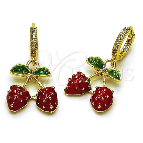 Oro Laminado Dangle Earring, Gold Filled Style Strawberry Design, with White Micro Pave, Multicolor Enamel Finish, Golden Finish, 02.417.0007
