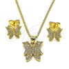 Oro Laminado Earring and Pendant Adult Set, Gold Filled Style Butterfly Design, with White Micro Pave, Polished, Golden Finish, 10.156.0454
