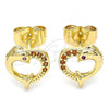 Oro Laminado Stud Earring, Gold Filled Style Heart and Dolphin Design, with Garnet Micro Pave, Polished, Golden Finish, 02.344.0063.1