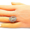Oro Laminado Elegant Ring, Gold Filled Style Guadalupe and Flower Design, with White Cubic Zirconia, Polished, Golden Finish, 01.380.0022.09