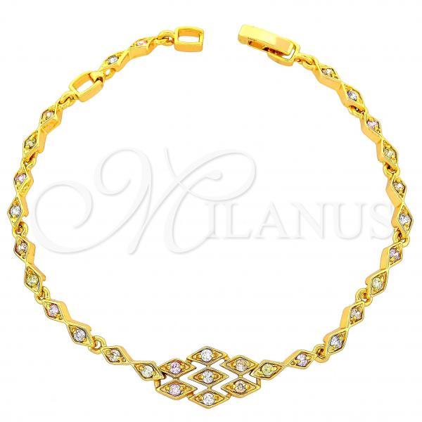 Oro Laminado Fancy Bracelet, Gold Filled Style Diamond Design, with Multicolor Cubic Zirconia, Polished, Golden Finish, 03.60.0038