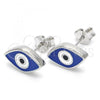 Sterling Silver Stud Earring, Evil Eye Design, Blue Enamel Finish, Rhodium Finish, 02.336.0055