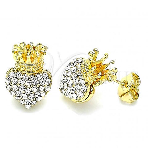 Oro Laminado Stud Earring, Gold Filled Style Heart and Crown Design, with White Crystal, Polished, Golden Finish, 02.63.2708