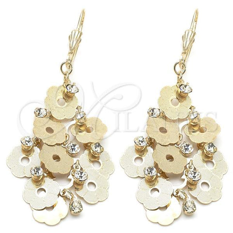 Oro Laminado Chandelier Earring, Gold Filled Style Flower Design, with White Cubic Zirconia, Diamond Cutting Finish, Golden Finish, 5.080.005