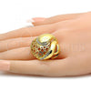Oro Laminado Multi Stone Ring, Gold Filled Style Greek Key Design, with White Crystal, Polished, Golden Finish, 01.241.0029.09 (Size 9)