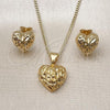 Oro Laminado Earring and Pendant Adult Set, Gold Filled Style Heart Design, Diamond Cutting Finish, Golden Finish, 10.342.0213