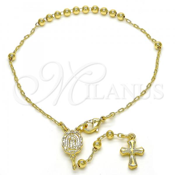 Oro Laminado Bracelet Rosary, Gold Filled Style Guadalupe and Cross Design, Polished, Golden Finish, 03.197.0002.08