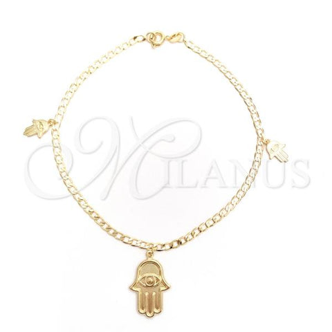 Oro Laminado Charm Anklet , Gold Filled Style Hand of God and Concave Cuban Design, Polished, Golden Finish, 03.58.0080.10