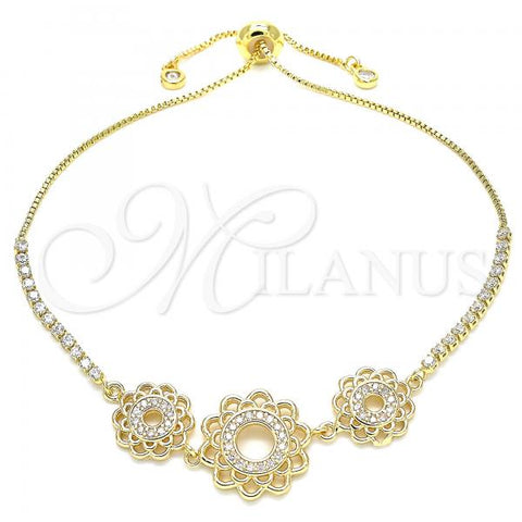 Oro Laminado Adjustable Bolo Bracelet, Gold Filled Style Flower Design, with White Cubic Zirconia, Polished, Golden Finish, 03.233.0021.12