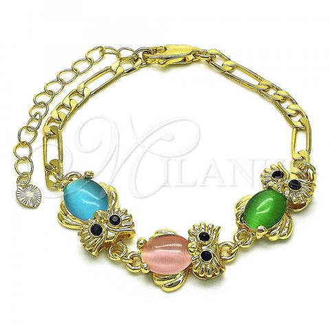 Oro Laminado Fancy Bracelet, Gold Filled Style Owl Design, with Multicolor Opal and Black Crystal, Polished, Golden Finish, 03.380.0136.07
