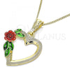 Oro Laminado Pendant Necklace, Gold Filled Style Heart and Flower Design, Polished, Tricolor, 04.351.0013.20