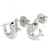 Sterling Silver Stud Earring, Dolphin Design, with Black and White Cubic Zirconia, Polished, Rhodium Finish, 02.336.0099