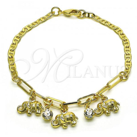 Oro Laminado Charm Bracelet, Gold Filled Style Elephant and Paperclip Design, with White Crystal, Polished, Golden Finish, 03.63.2232.08