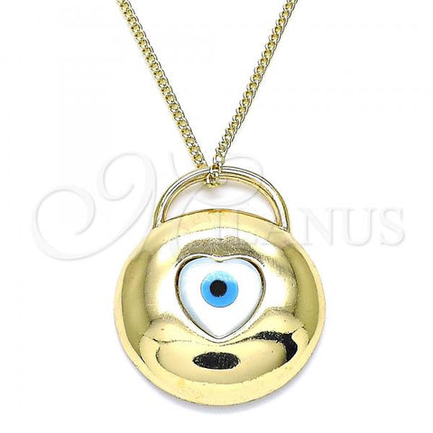 Oro Laminado Pendant Necklace, Gold Filled Style Evil Eye and Heart Design, with White Mother of Pearl, Polished, Golden Finish, 04.156.0423.20