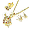Oro Laminado Earring and Pendant Adult Set, Gold Filled Style Heart Design, with Garnet and White Micro Pave, Polished, Golden Finish, 10.233.0044.1