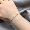 Sterling Silver Adjustable Bolo Bracelet, Ball Design, Green Leather Finish, Silver Finish, 03.426.0001.07