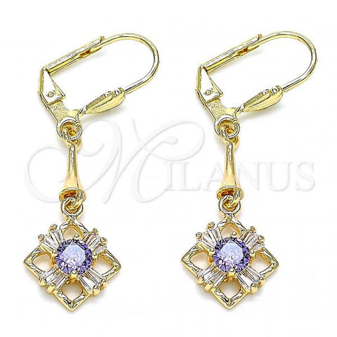 Oro Laminado Long Earring, Gold Filled Style with Amethyst and White Cubic Zirconia, Polished, Golden Finish, 02.387.0048.1