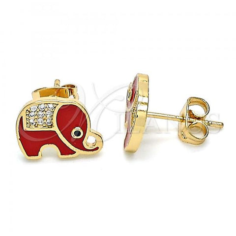 Oro Laminado Stud Earring, Gold Filled Style Elephant Design, with White and Black Micro Pave, Red Enamel Finish, Golden Finish, 02.213.0270.1