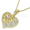 Oro Laminado Pendant Necklace, Gold Filled Style Heart and Dragon-Fly Design, with White Crystal, Polished, Tricolor, 04.351.0019.1.20