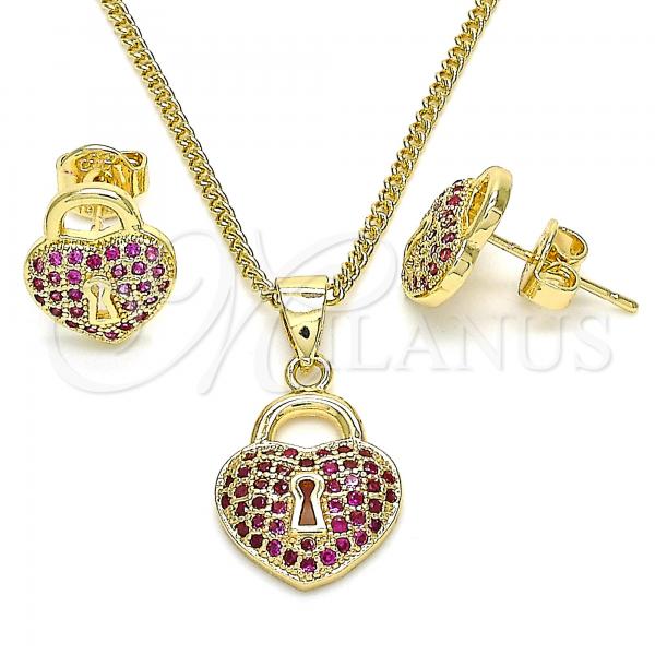 Oro Laminado Earring and Pendant Adult Set, Gold Filled Style Lock and Heart Design, with Ruby Micro Pave, Polished, Golden Finish, 10.156.0246.1